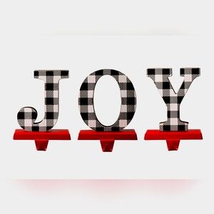 Glitzhome Wooden/Metal JOY Christmas Stocking Holder Set of 3 Black White Plaid